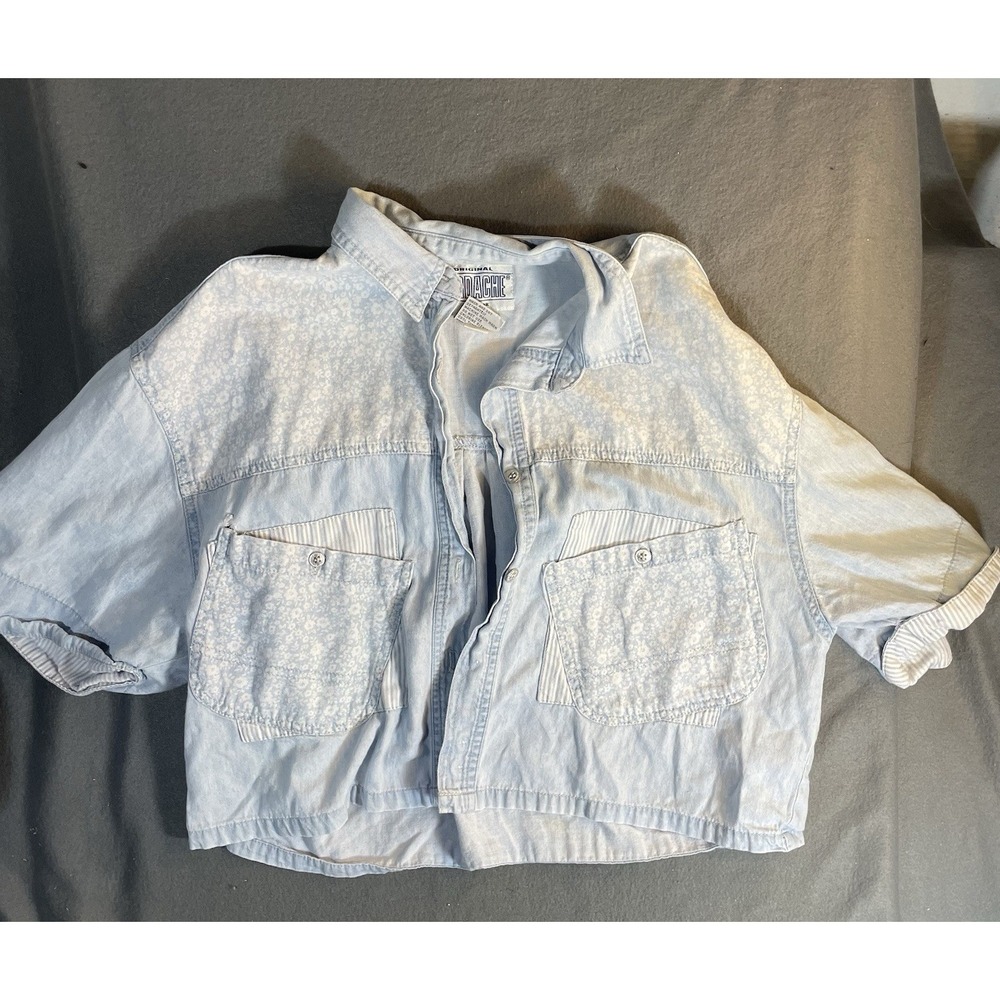 Vintage Jordache Women's Denim Floral Collared Short Sleeve Cropped Button-Up